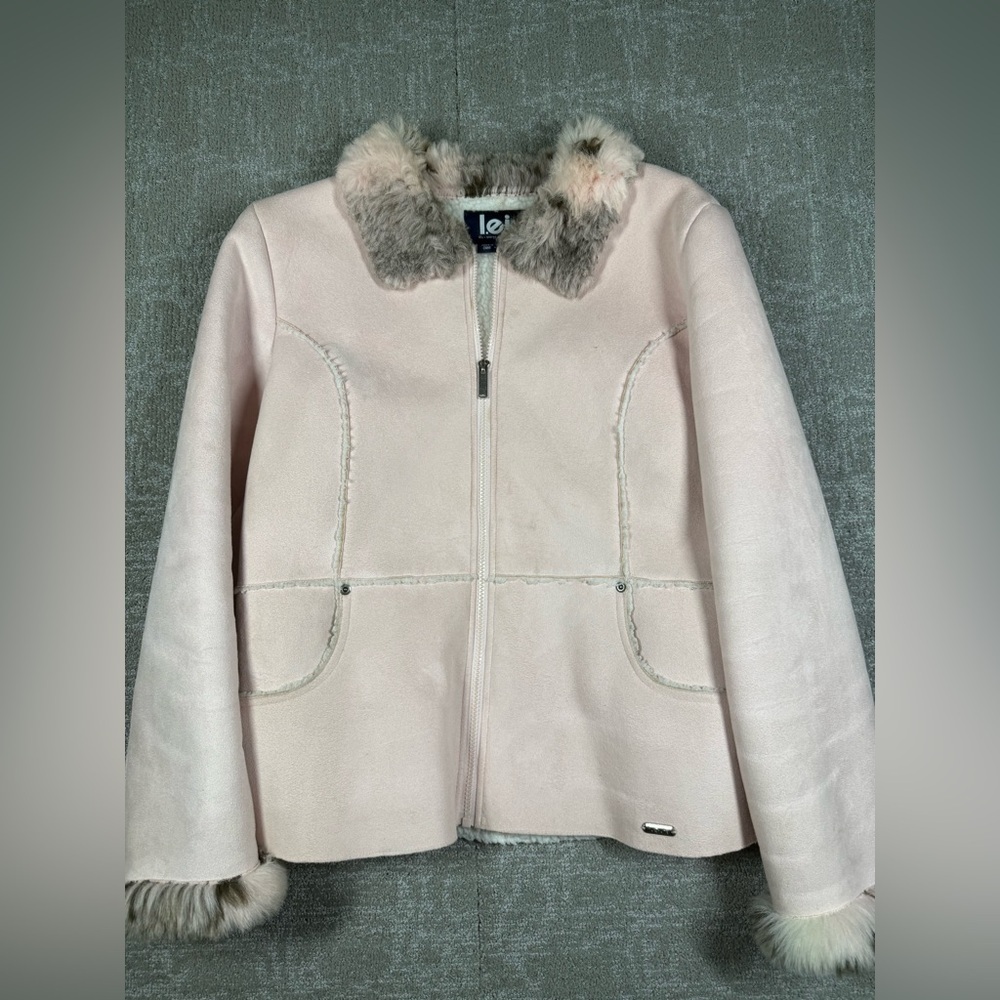 Lei Y2K Pink Faux Suede Full Zip Pink Faux Fur Neck Jacket Women Size Large